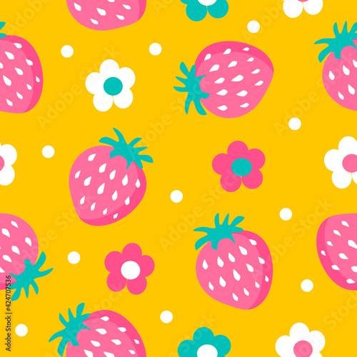 vector seamless pattern with hand drawn strawberries and flowers on a yellow background. summer bright background. trend illustration in flat style