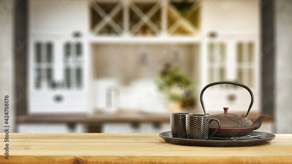 Table background of free space and hot tea Table background of free space and hot tea