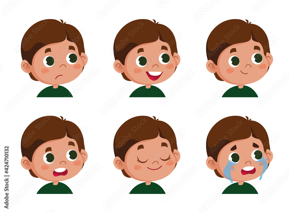 Vector character funny. Illustration of cute faces of schoolboy boy showing different emotions. Avatar isolated on white background Vector character funny. Illustration of cute faces of schoolboy boy showing different emotions. Avatar isolated on white background