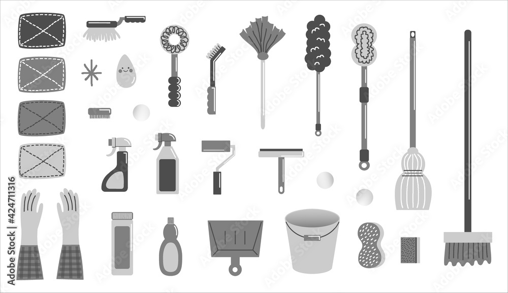 Set Of Cleaning Tools モノクロの掃除道具セット 掃除道具のイラスト シャボン玉 Stock Vector Adobe Stock