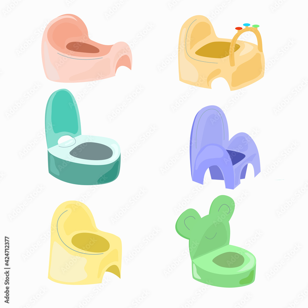 A potty chair for a child of different shapes and colors.