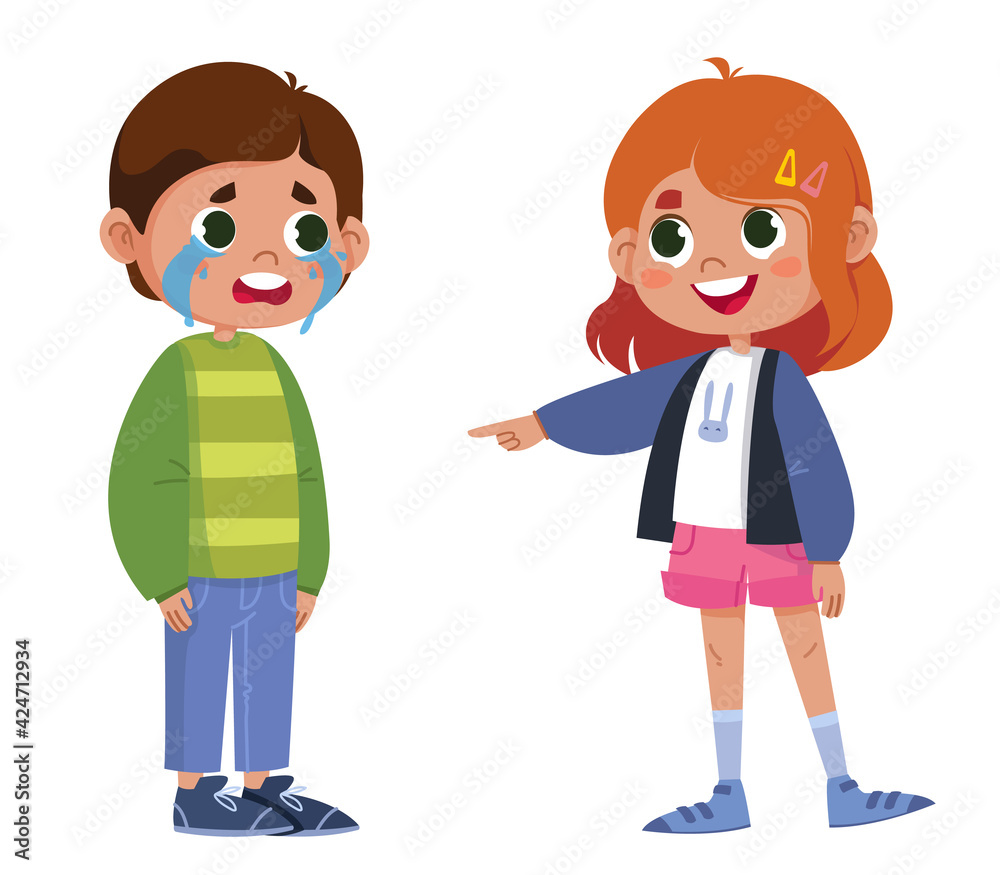 Vector, characters, children, bullying. The girl points her finger at the boy who is crying and laughing. Social illustration of bullying in school and childhood. Vector, characters, children, bullying. The girl points her finger at the boy who is crying and laughing. Social illustration of bullying in school and childhood.