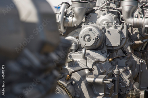 Engine details. Diesel engine. Motor truck.Military vehicle engine