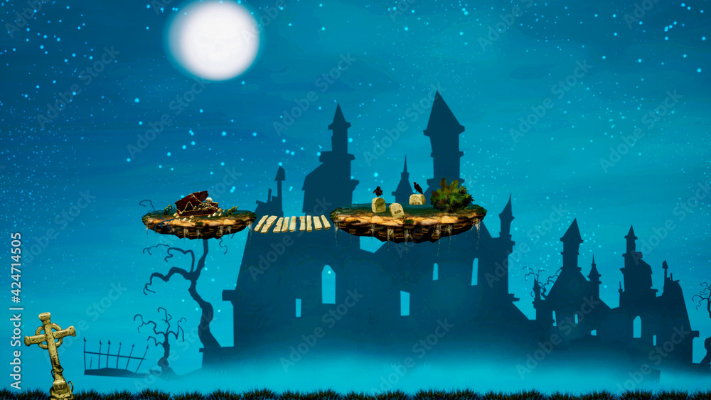 Naklejka premium A view of a gloomy place with islands and skeletons in the sky in cartoon style. On the background of the castle