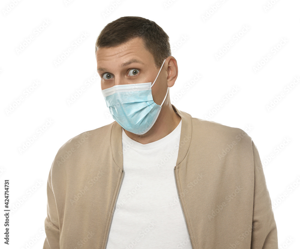 Mature man with protective mask feeling fear on white background Mature man with protective mask feeling fear on white background