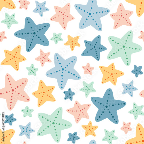 Seamless vector pattern with cute various starfishes. Vintage pastel texture. Summer hand drawn background for package, wrapping paper, banner, print, card, gift, fabric, card, textile, wallpaper, web