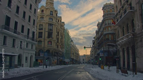 Madrid's Gran Via street empty at dawn