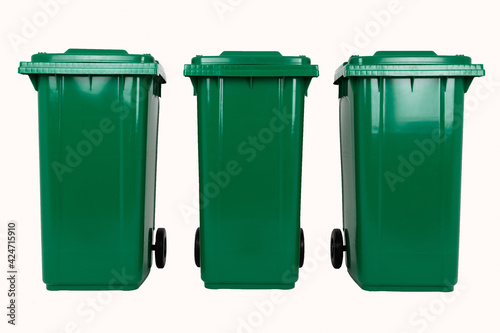 Set of three new unbox green large bins isolated on white background