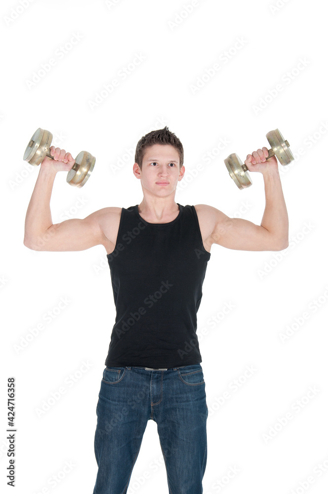 Portrait of a healthy young man doing exercise with dumbbell against white background Portrait of a healthy young man doing exercise with dumbbell against white background