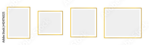 Gold frame background. Set of luxury thin line borders with shadow. Realistic 3d glamour rectangle template. Geometrical golden rich frames. Vector illustration.