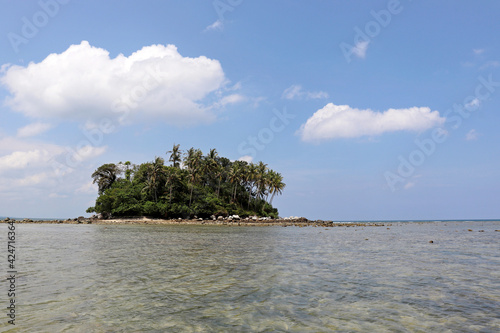 Tropical island with coconut palm trees in a ocean  picturesque view from the water. Colorful seascape with blue sky and white clouds  concept of travel and vacation on paradise nature