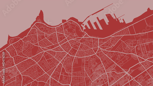 Red vector background map, Casablanca city area streets and water cartography illustration.