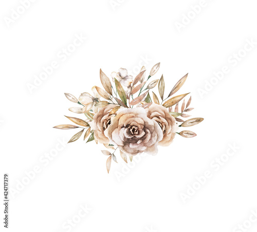 Wreath brown set with flowers and leaves. Watercolor bouquet for greeting, invite, wedding card. Isolated clipart on white background