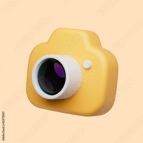3d simple camera with lens on pastel orange background with clear shadow. Isolated hight quality 3d illustration.