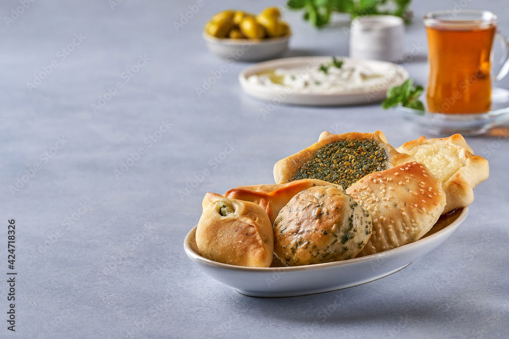 Obraz na plátně Middle eastern, arabic breakfast with traditional  pastries and labneh