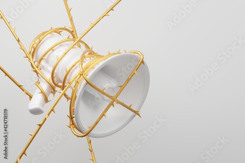 White Megaphone with golden wiggle vine thorn 3D rendering, Protest against Elite dictatorship threaten censored press concept poster and social banner horizontal design background with copy space