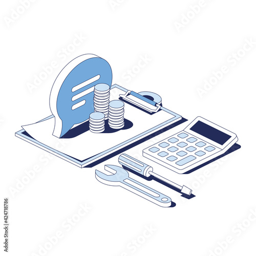 Consulting, assistant, contract document, coins, repair service tools, calculator. Vector 3d line isometric, web icons, blue color. Creative design idea for infographics.