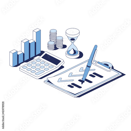 Graph, calculation, document contract, money coins and hourglass time. Vector 3d line isometric, web icons, blue color. Creative design idea for infographics.