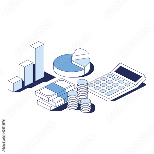 Graphs, money, calculator, stroke illustration. Vector 3d line isometric, web icons, blue color. Creative design idea for infographics.