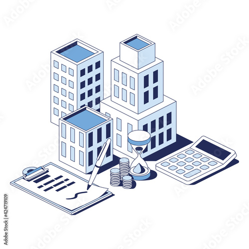 Real estate, investments, buildings, contract documentation, calculator, coins and hourglass. Vector 3d line isometric, web icons, blue color. Creative design idea for infographics.