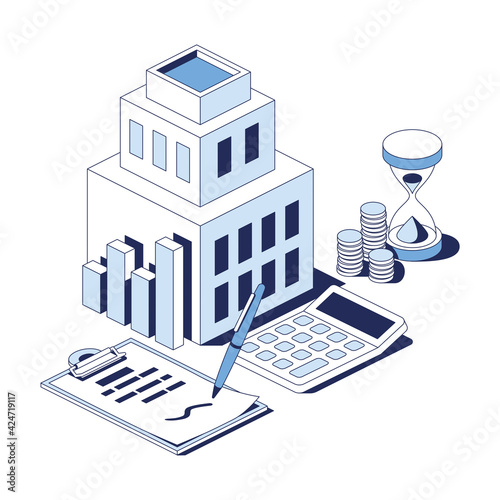 Investments build, charts, time is money, calculation, contract document. Vector 3d line isometric, web icons, blue color. Creative design idea for infographics.