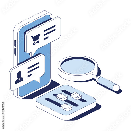 Messenger chat, magnifier, settings, stroke illustration. Vector 3d line isometric, web icons, blue color. Creative design idea for infographics.