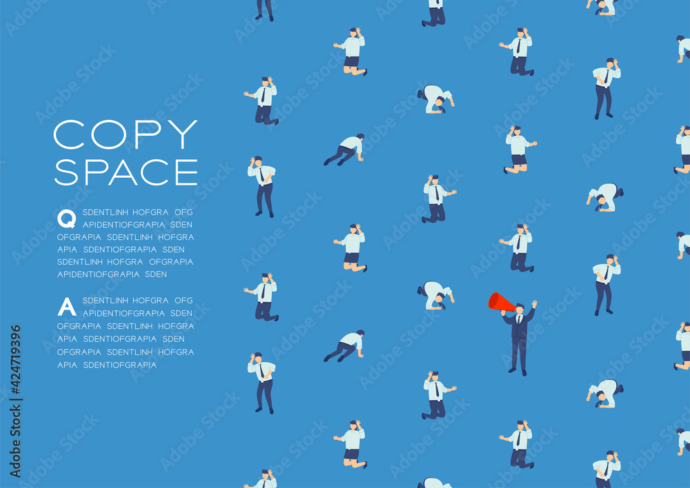 Businessman speech with Megaphone isometric seamless pattern, Press protest labor union concept poster and social banner design illustration isolated on blue background, vector eps 10, copy space Businessman speech with Megaphone isometric seamless pattern, Press protest labor union concept poster and social banner design illustration isolated on blue background, vector eps 10, copy space