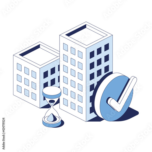 Real estate build house hourglass and check mark, stroke illustration. Vector 3d line isometric, web icons, blue color. Creative design idea for infographics.