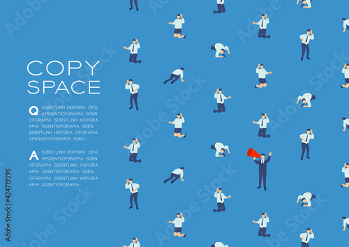Businessman speech with Megaphone isometric seamless pattern, Press protest labor union concept poster and social banner design illustration isolated on blue background, vector eps 10, copy space