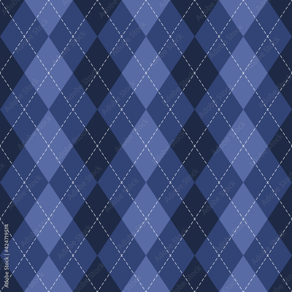 Blue argyle pattern seamless design. Dark geometric stitched vector graphic for gift paper, socks, sweater, jumper, other trendy spring autumn winter modern fashion textile or paper print.