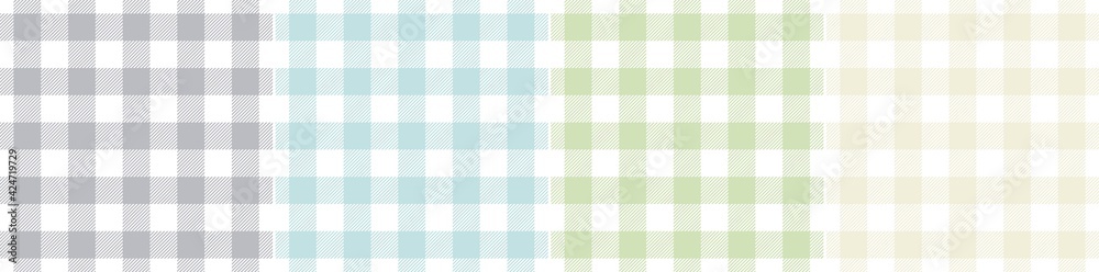 Vichy check pattern set in nature colors grey, green, blue, white. Gingham seamless spring summer vector for tablecloth, oilcloth, picnic blanket, other modern fashion or home textile design.