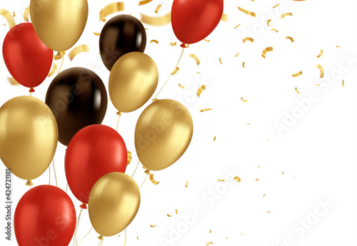 Red, black and gold balloons and golden confetti. Vector glossy realistic baloon on transparent background