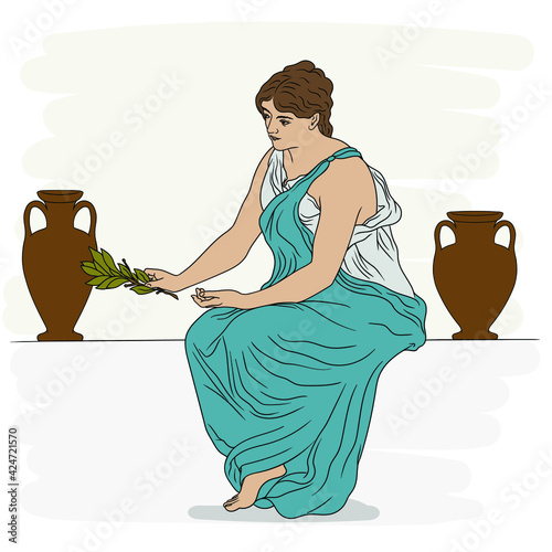 A young slender woman in an ancient Greek tunic sits on a stone parapet and holds a laurel branch in her hand. Figure isolated on white background.