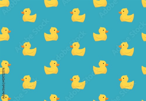 Yellow duck on blue background seamless pattern