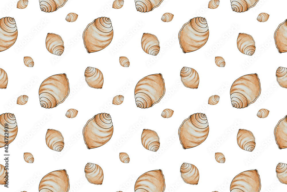 Seamless pattern of brown seashells isolated on white surface