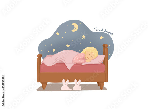 Good night illustration. Sleeping baby girl. Bedroom