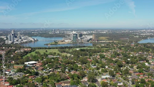 Greater Sydney West suburbs Rhodes, Ryde, Olympic park – aerial pan 4k.
 photo