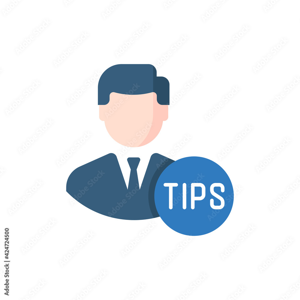 Business person with text TIPS flat icon isolated background Business person with text TIPS flat icon isolated background