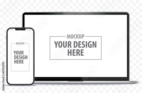 Laptop Computer and Mobile Phone Mockup. Digital devices screen template vector illustration with transparent background. photo
