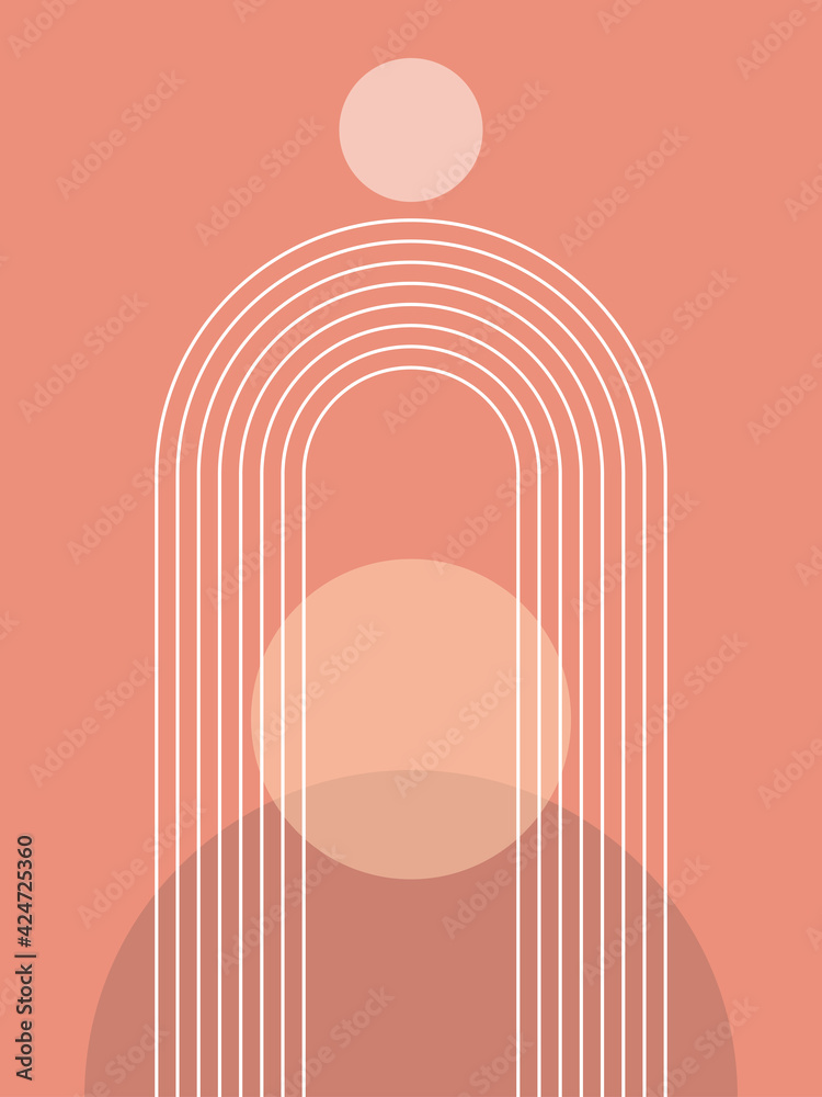 Abstract contemporary aesthetic poster design with geometric shapes and lines like sun and rainbow. Mid-century modern wall decor. Trendy minimalist print. Vector illustration. 