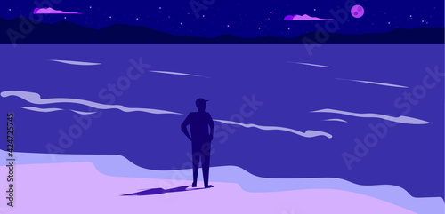 silhouette of a person in the sea moon night