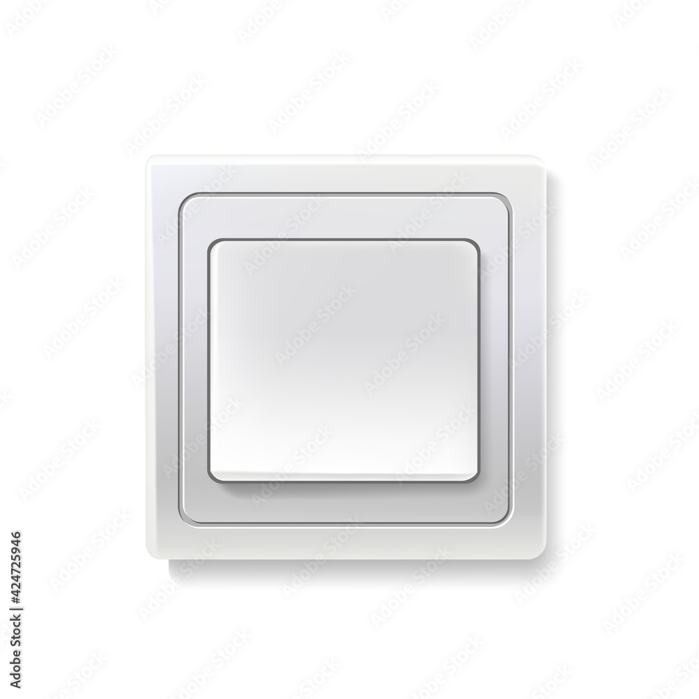 Switch with button. Electric power connector of square shape for light production vector illustration. Modern realistic household device isolated on white background Switch with button. Electric power connector of square shape for light production vector illustration. Modern realistic household device isolated on white background