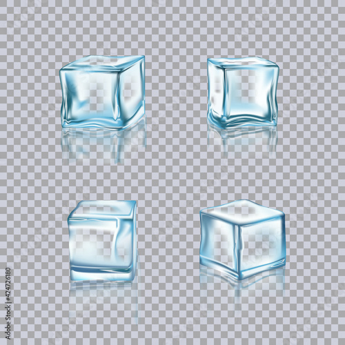 Blue ice cubes set. Cold frozen fresh water in square shape vector illustration. Four realistic crystal block pieces for cocktails, refrigerator on transparent background