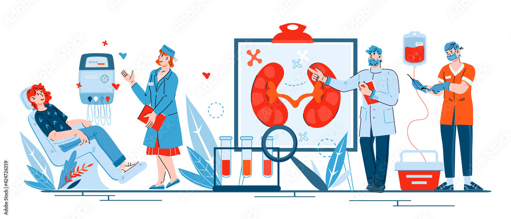Banner on topic of medical treatment of kidney diseases, cartoon vector illustration isolated on white background. Surgery, hemodialysis and ultrasound diagnosis. Doctors and patients characters.