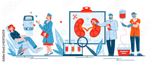 Banner on topic of medical treatment of kidney diseases, cartoon vector illustration isolated on white background. Surgery, hemodialysis and ultrasound diagnosis. Doctors and patients characters.