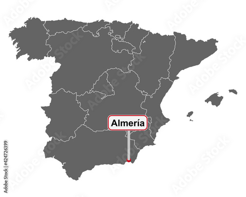 Landkarte von Spanien mit Ortsschild von Almeria