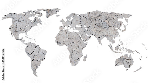 World map made of cracked, dried ground during drought, isolated on white background. 4k resolution. Global warming, climate change and desertification concept.