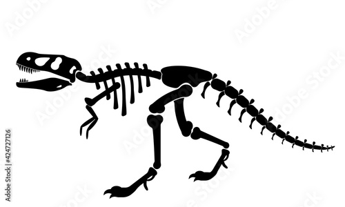 Illustration of a black silhouette of a T rex dinosaur skeleton. Bones of prehistoric creatures isolated on white background.