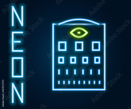 Glowing neon line Eye test chart icon isolated on black background. Poster for vision testing in ophthalmic study. Snellen chart. Colorful outline concept. Vector