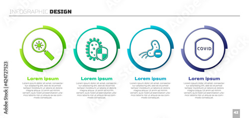 Set Virus under magnifying glass, Shield protecting from virus, Negative virus and Shield protecting from virus. Business infographic template. Vector